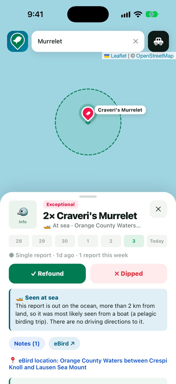 Craveri's Murrelet page with a Seen at sea note