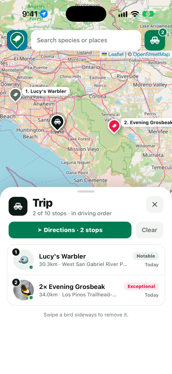 Trip with two stops in driving order and a Directions button